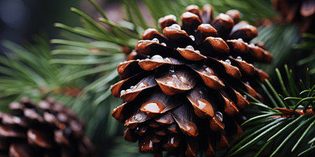 Fir branches with cones, background concept. Pine cones texture.の素材
