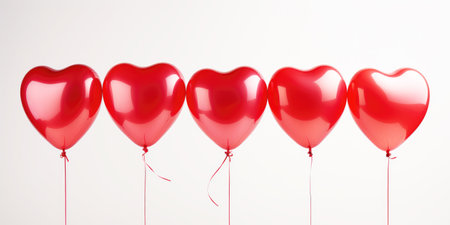 Five red heart-shaped balloons on a white background. Valentine's day theme.の素材