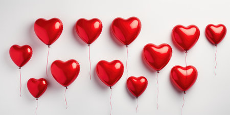 Red heart-shaped balloons on a white background. Valentine's day theme.の素材