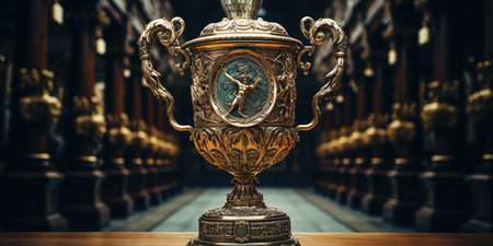 Gold cup at the stadium, theme of victory, competition. Number one.の素材