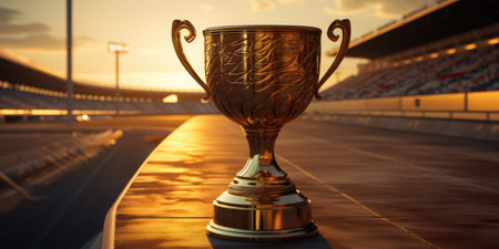 Gold cup at the stadium, theme of victory, competition. Number one.の素材