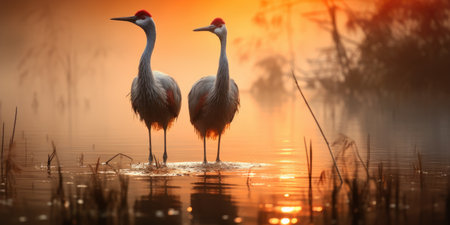 A pair of Cranes on the lake, dawn. Theme of love and family in nature.の素材