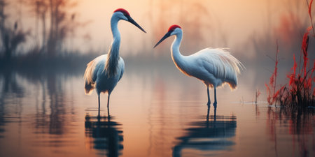 Beautiful sunrise on a foggy lake. Cranes or herons. Theme of love and family in nature.の素材