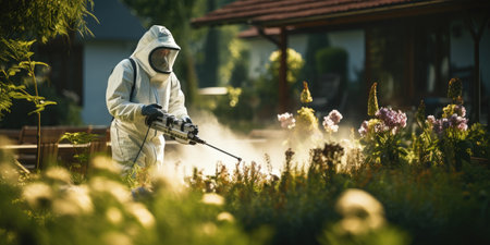A man in a protective suit treats flowers in the garden with chemicals.の素材