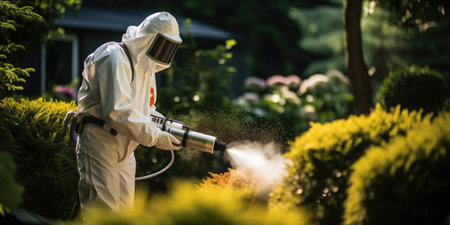 A man in a protective suit treats flowers in the garden with chemicals.の素材