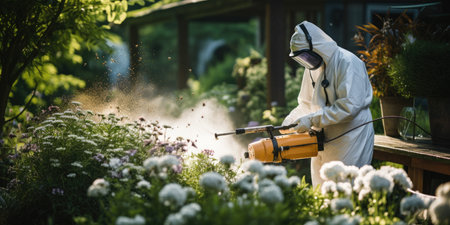 A man in a protective suit treats flowers in the garden with chemicals.の素材