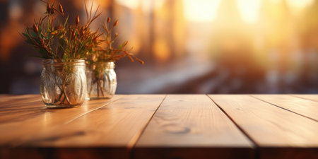 Wooden background, against the backdrop of a blurred city. Blurred lights, space for textの素材