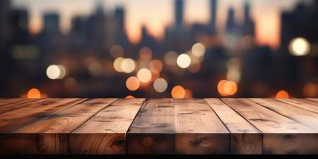 Wooden background, against the backdrop of a blurred city. Blurred lights, space for textの素材