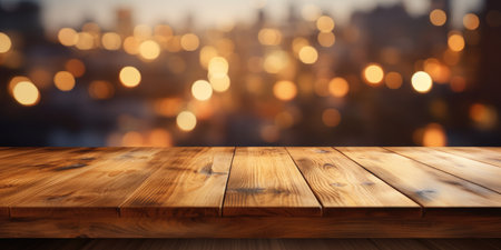 Wooden background, against the backdrop of a blurred city. Blurred lights, space for textの素材