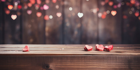 Small hearts on a wooden background, space for text. Valentine's day theme.の素材