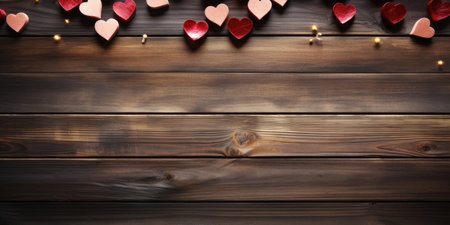 Small hearts on a wooden background, space for text. Valentine's day theme.の素材