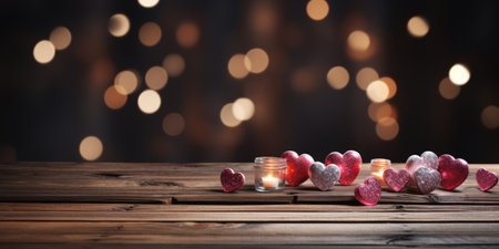 Small hearts on a wooden background, space for text. Valentine's day theme.の素材