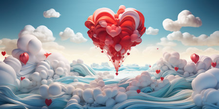 Heart-shaped balloon, many hearts suspended in the blue sky.の素材
