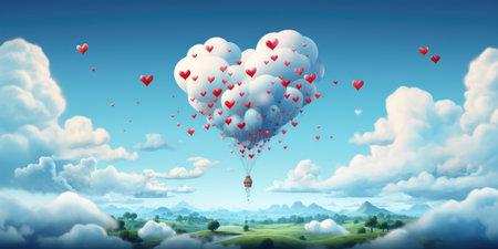 Heart-shaped balloon, many hearts suspended in the blue sky.の素材