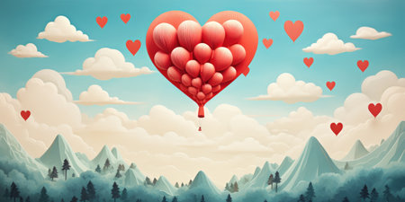 Heart-shaped balloon, many hearts suspended in the blue sky.の素材