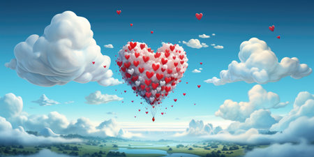 Heart-shaped balloon, many hearts suspended in the blue sky.の素材