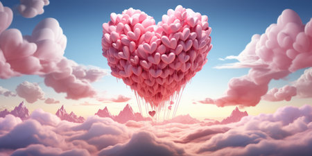Heart-shaped balloon, many hearts suspended in the blue sky.の素材