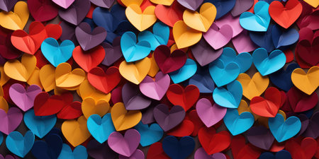 Many multi-colored paper hearts, top view. Valentine's day theme.の素材