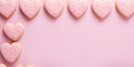Heart-shaped cookies with icing on a pink background, top view.の素材