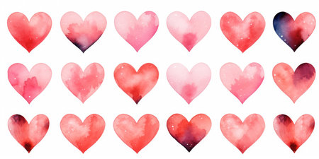 Set of different watercolor hearts on a white background, top view.の素材