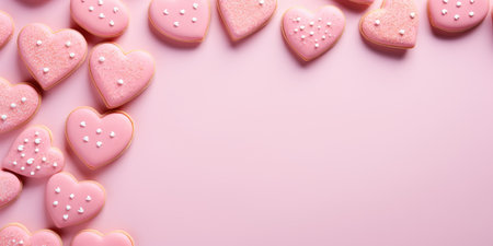 Heart-shaped cookies with icing on a pink background, top view.の素材