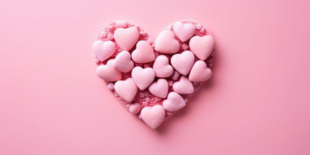 Heart-shaped cookies with icing on a pink background, top view.の素材