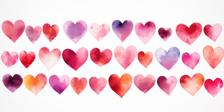 Set of different watercolor hearts on a white background, top view.の素材