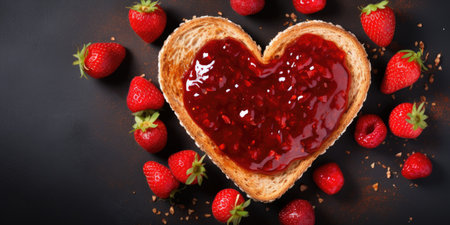 Valentine's day theme. Heart-shaped toast with jam on the table, top view.の素材