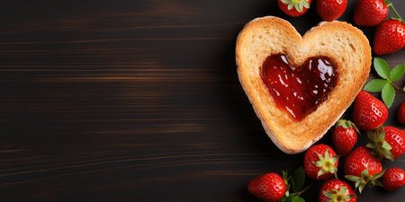 Toast in the shape of a heart with jam and berries on the table, space for text.の素材