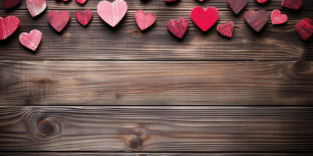 Small hearts on a wooden background, space for text. Valentine's day theme.の素材