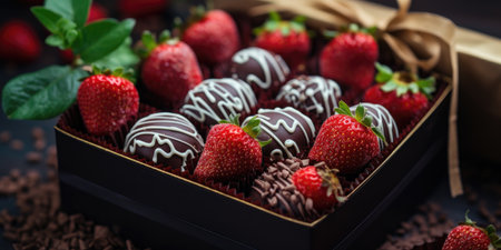 Strawberries in white and brown chocolate on a plate, Valentine's day. Sweets.の素材