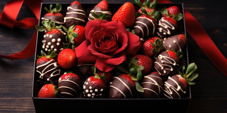 Strawberries in white and brown chocolate on a plate, Valentine's day. Sweets.の素材