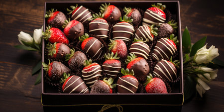 Strawberries in white and brown chocolate on a plate, Valentine's day. Sweets.の素材