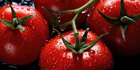 Sweet red tomatoes close-up, top view. Photo for the poster.の素材