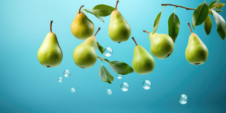 Levitation of sweet green pears in the air with splashes of water.の素材