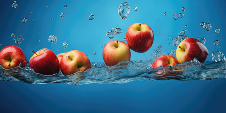 Levitation of red apples in the air, with splashes of water. Apples on a blue background.の素材