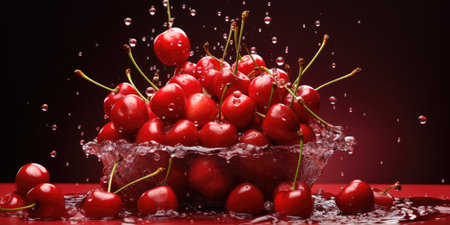 A lot of ripe sweet cherries in a plate on a dark background.の素材