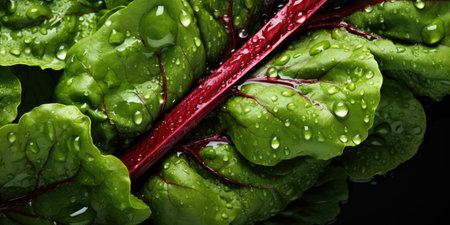 Young beet leaves with water drops close-up, top view. Photo for advertising.の素材