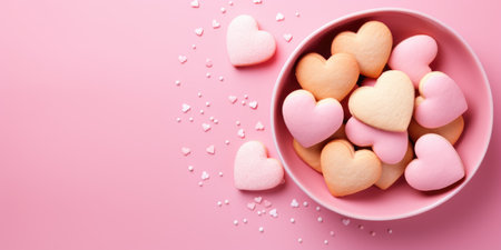 Heart-shaped cookies with icing on a pink background, top view.の素材