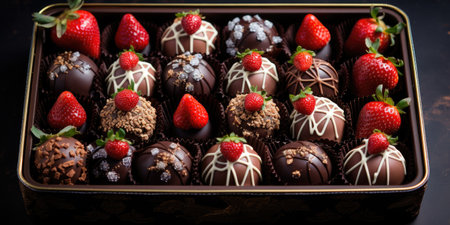 Strawberries in white and brown chocolate on a plate, Valentine's day. Sweets.の素材