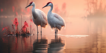 Beautiful sunrise on a foggy lake. Cranes or herons. Theme of love and family in nature.の素材
