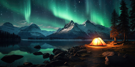 hiking tent under the night sky with northern lights, auroraの素材
