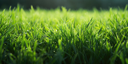 Lush green lawn grass with drops of dew in the rays of sunlight.の素材