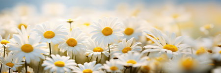 Horizontal banner with chamomile flowers, close-up, spring floral background.の素材
