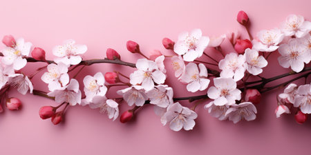 Blooming cherry branch on a pink background, spring theme.の素材