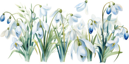Drawing of snowdrop flowers under the snow. Watercolor, winter flowers.の素材