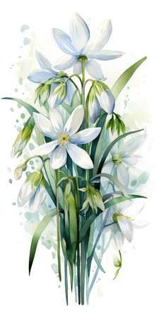 Illustration with paints of snowdrop flowers. Vertical drawing. Spring.の素材