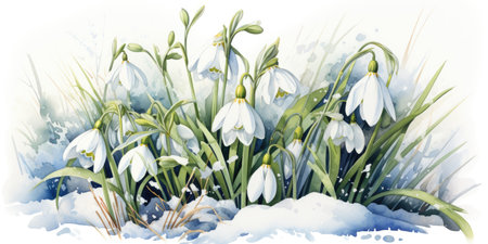Illustration with paints of snowdrop flowers. The beginning of spring.の素材
