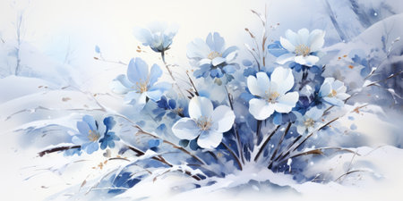 Spring flowers under the snow, drawing with paints. Primroses in spring.の素材