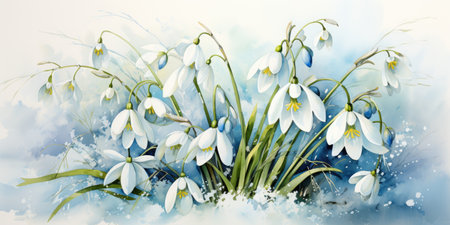 Illustration with paints of snowdrop flowers. The beginning of spring.の素材